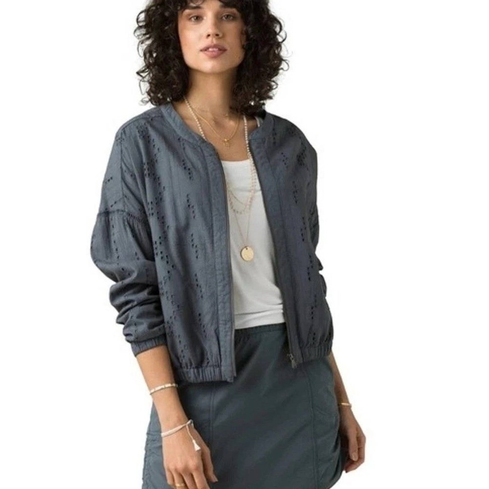 Prana Womens Grey Eyelet Embroidered Zip Up Lightweight b Bomber Jacket Medium
